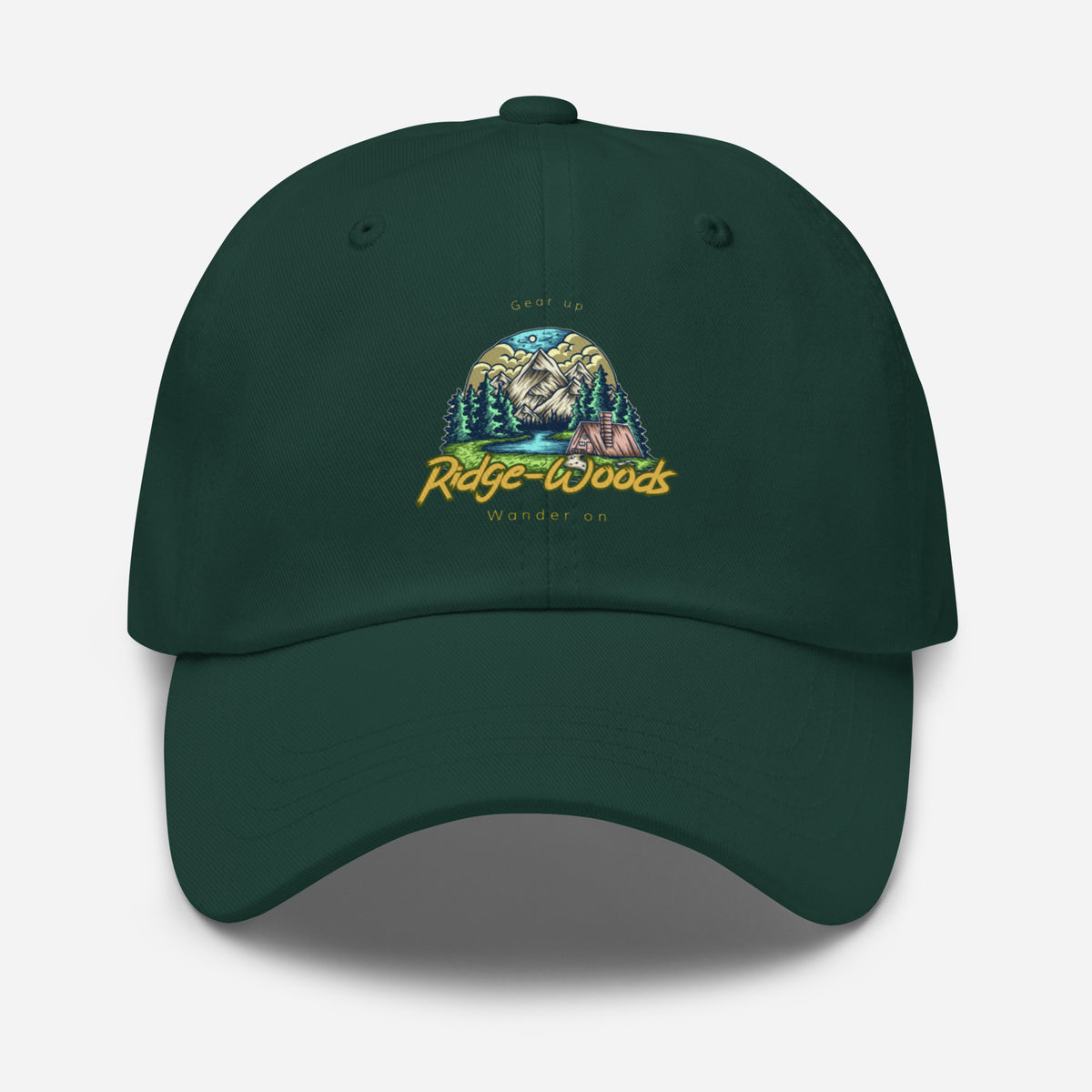 Dark green dad hat showcasing the front embroidered outdoor mountain scene and logo.