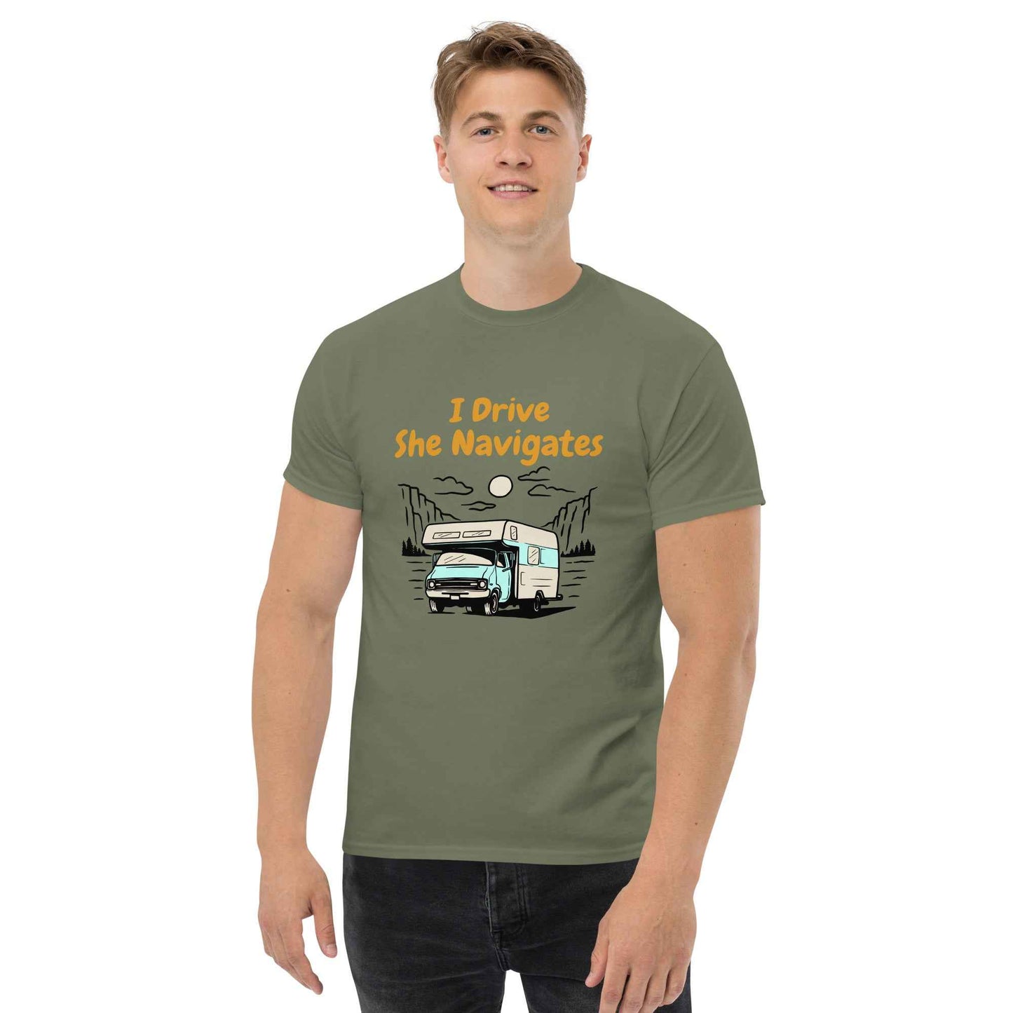 Men's vanlife T-shirt "I Drive, She navigates"